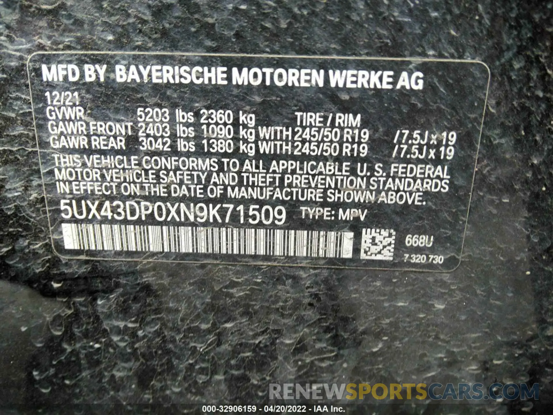 9 fotografías del automóvil dañado 5UX43DP0XN9K71509 BMW X3 2022