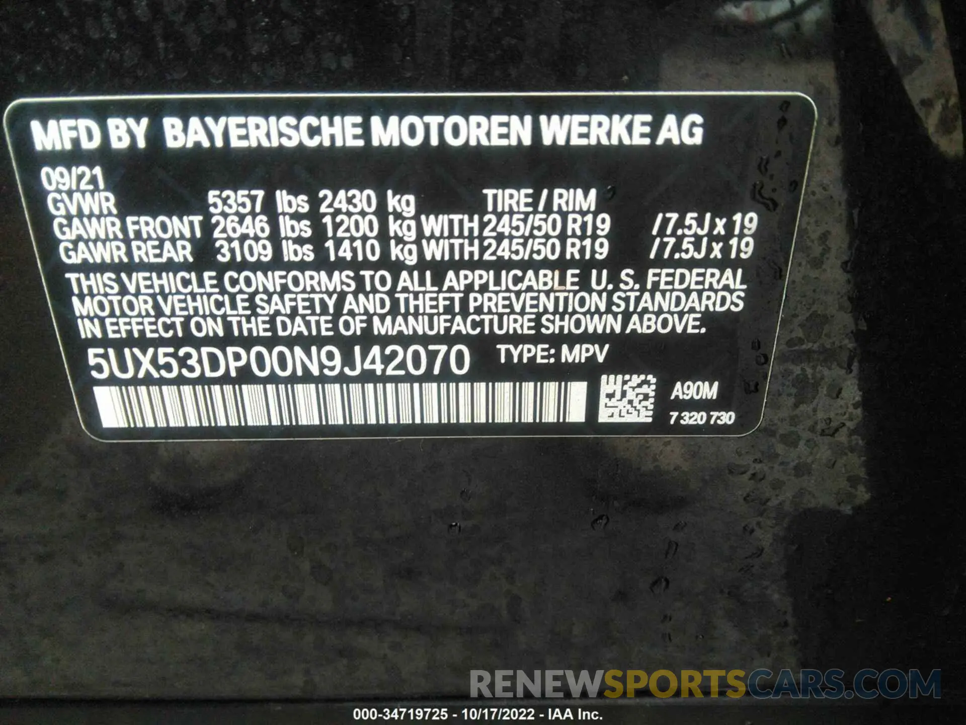 9 fotografías del automóvil dañado 5UX53DP00N9J42070 BMW X3 2022