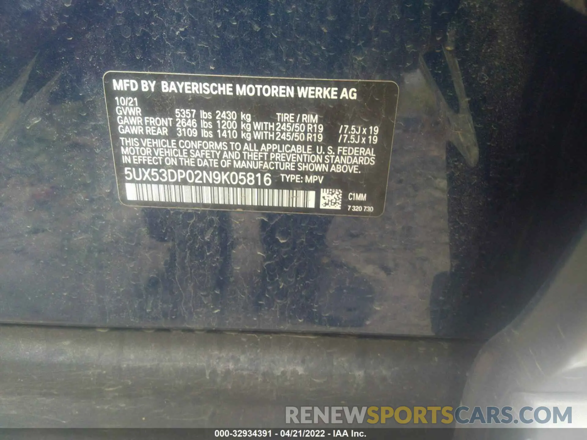 9 fotografías del automóvil dañado 5UX53DP02N9K05816 BMW X3 2022
