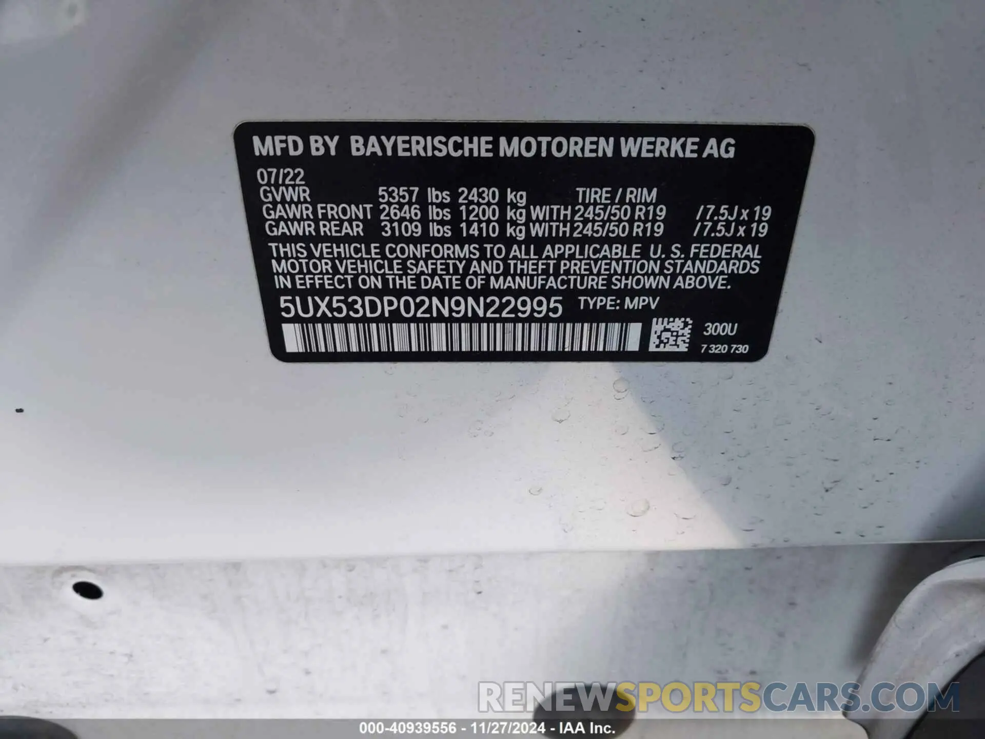 9 fotografías del automóvil dañado 5UX53DP02N9N22995 BMW X3 2022
