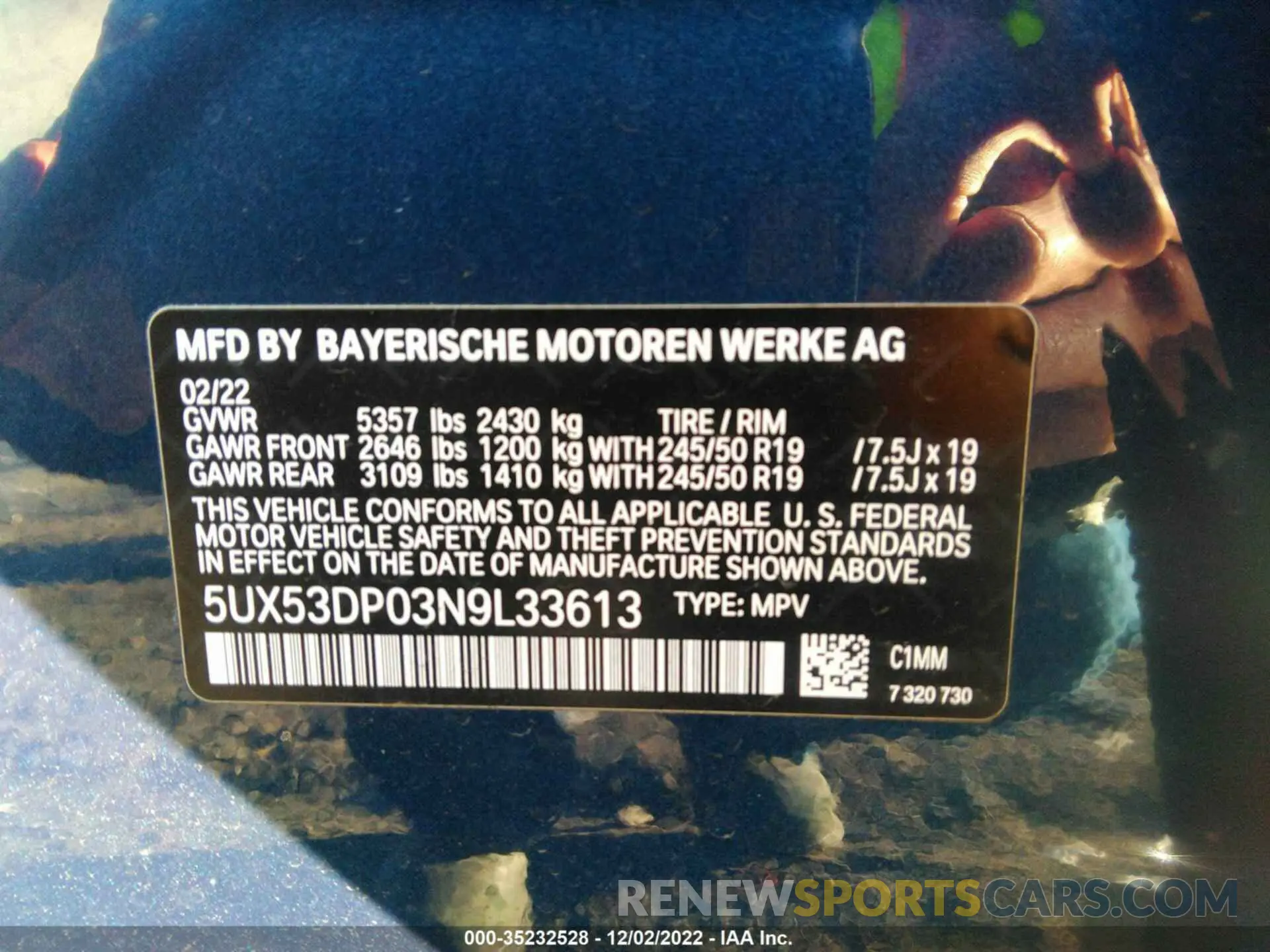 9 fotografías del automóvil dañado 5UX53DP03N9L33613 BMW X3 2022