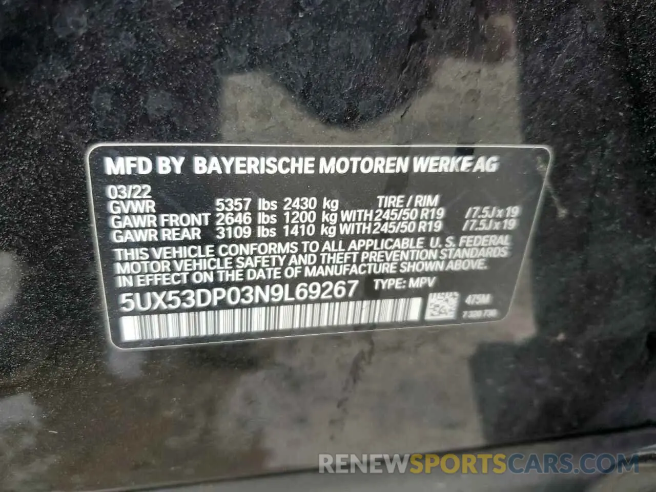 13 fotografías del automóvil dañado 5UX53DP03N9L69267 BMW X3 2022
