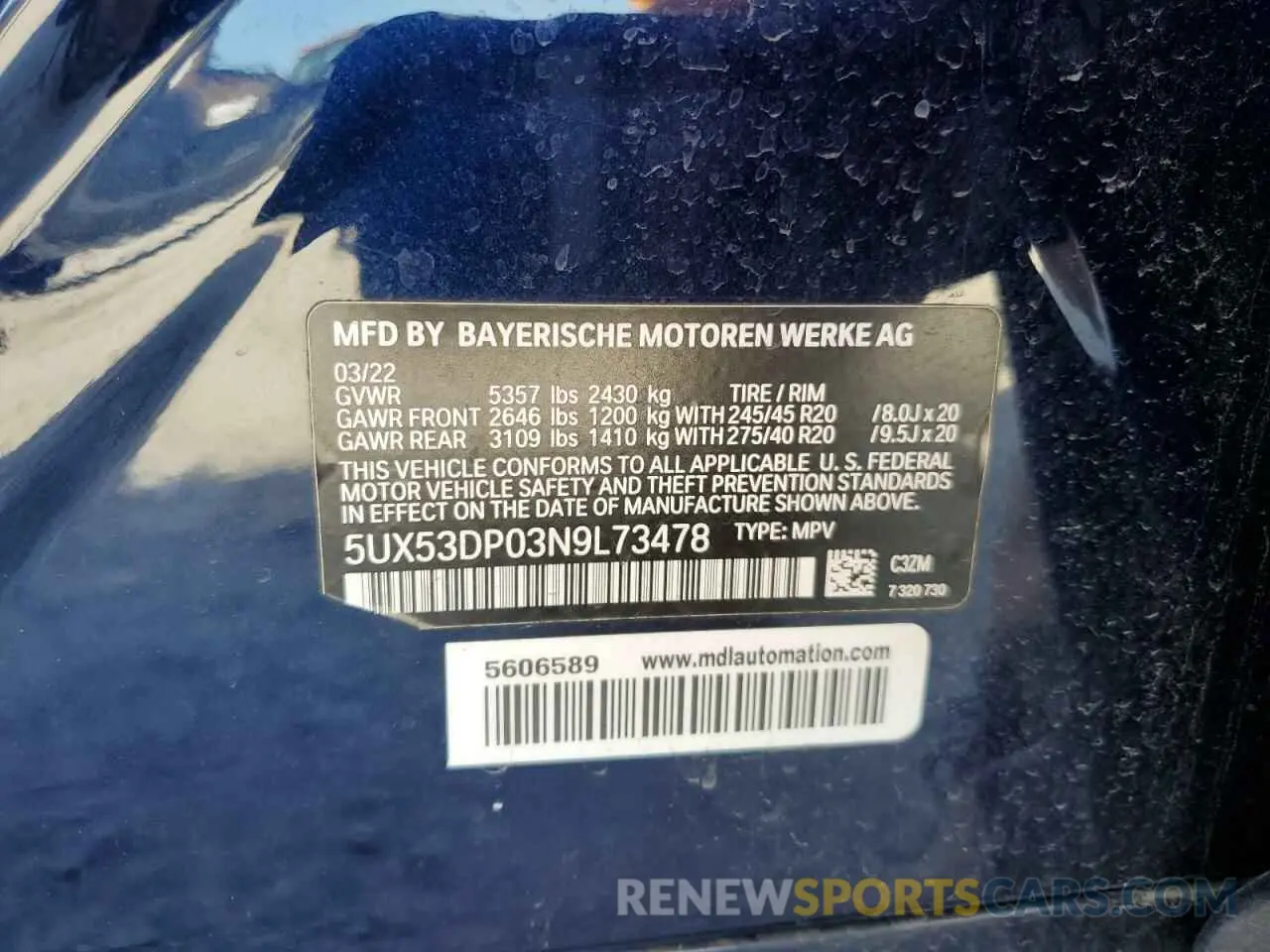 13 fotografías del automóvil dañado 5UX53DP03N9L73478 BMW X3 2022