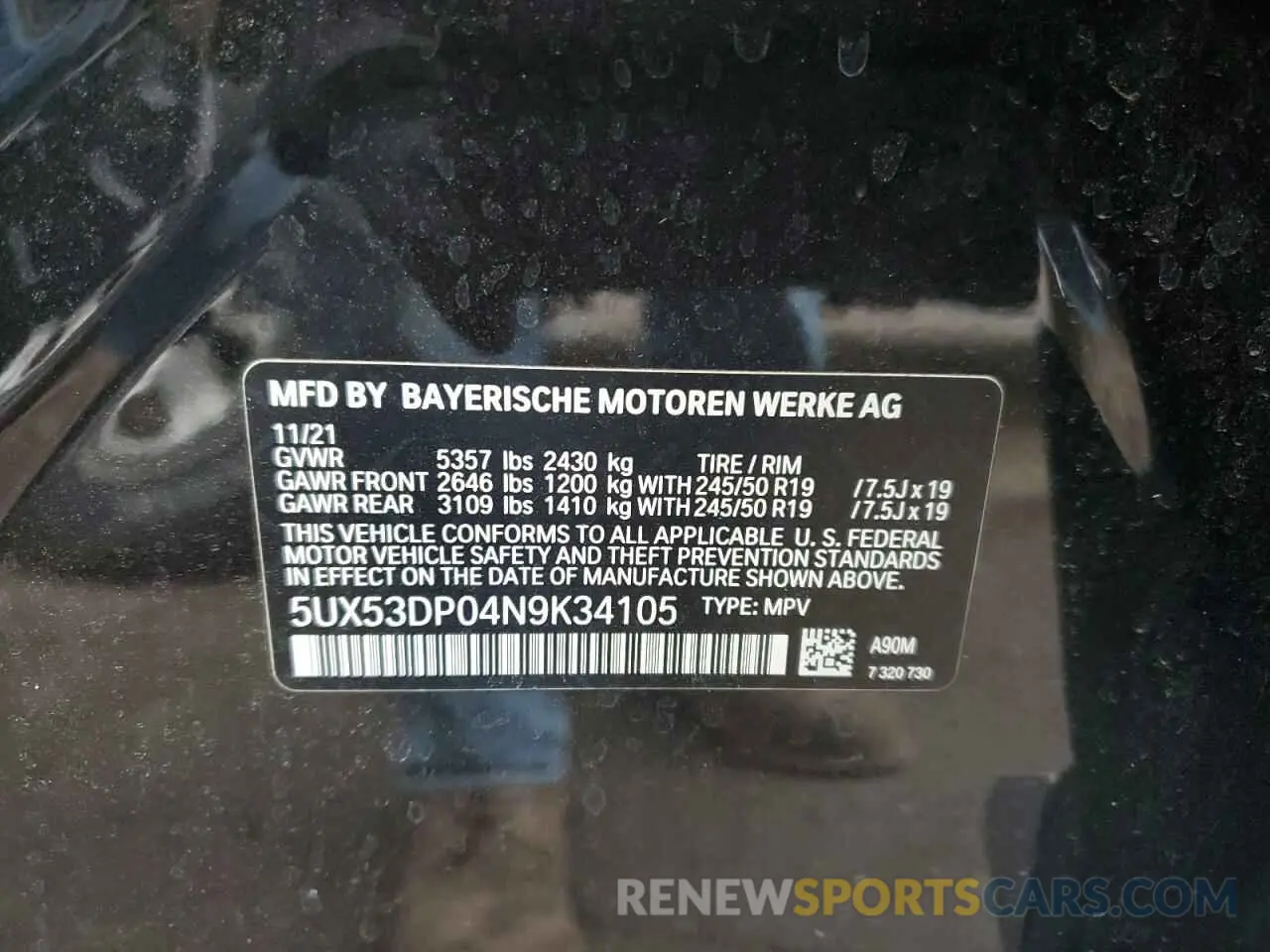 10 fotografías del automóvil dañado 5UX53DP04N9K34105 BMW X3 2022