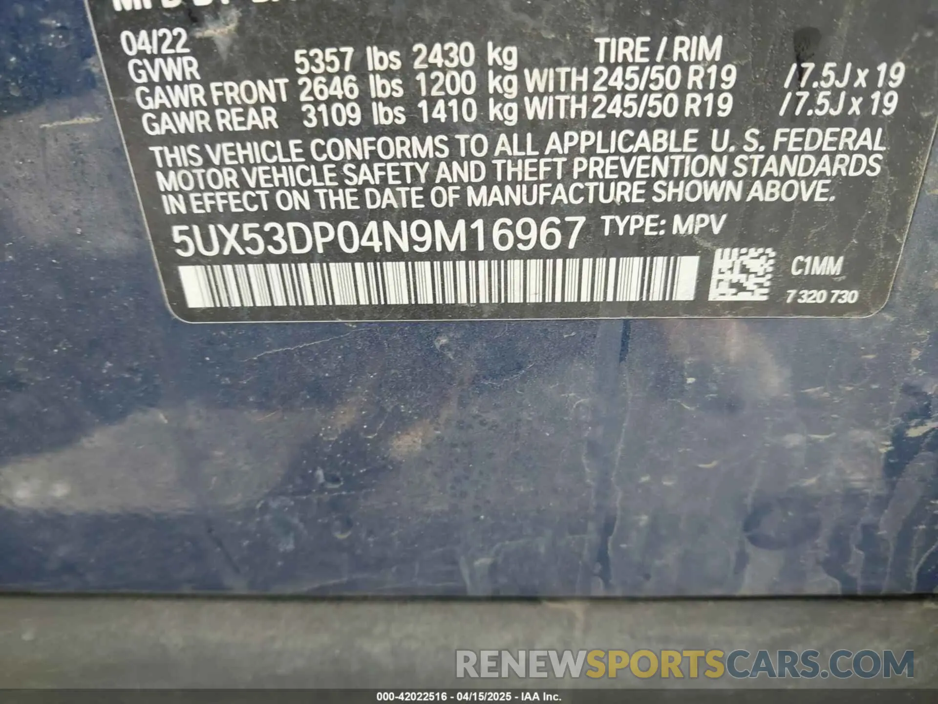 9 fotografías del automóvil dañado 5UX53DP04N9M16967 BMW X3 2022