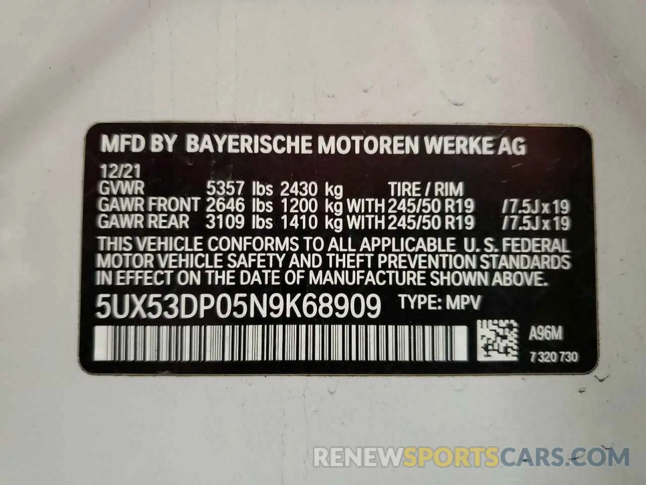 14 fotografías del automóvil dañado 5UX53DP05N9K68909 BMW X3 2022