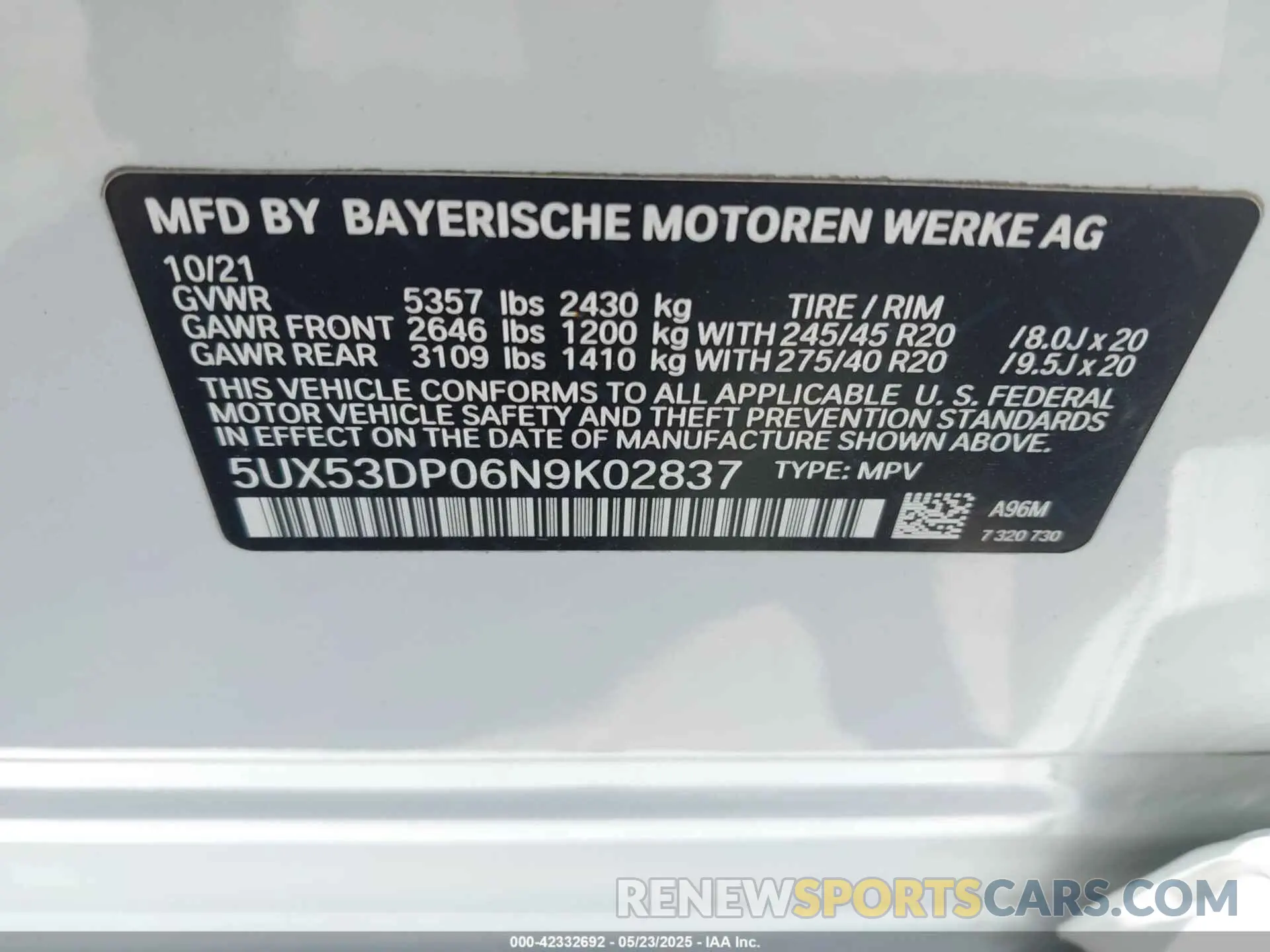 9 fotografías del automóvil dañado 5UX53DP06N9K02837 BMW X3 2022