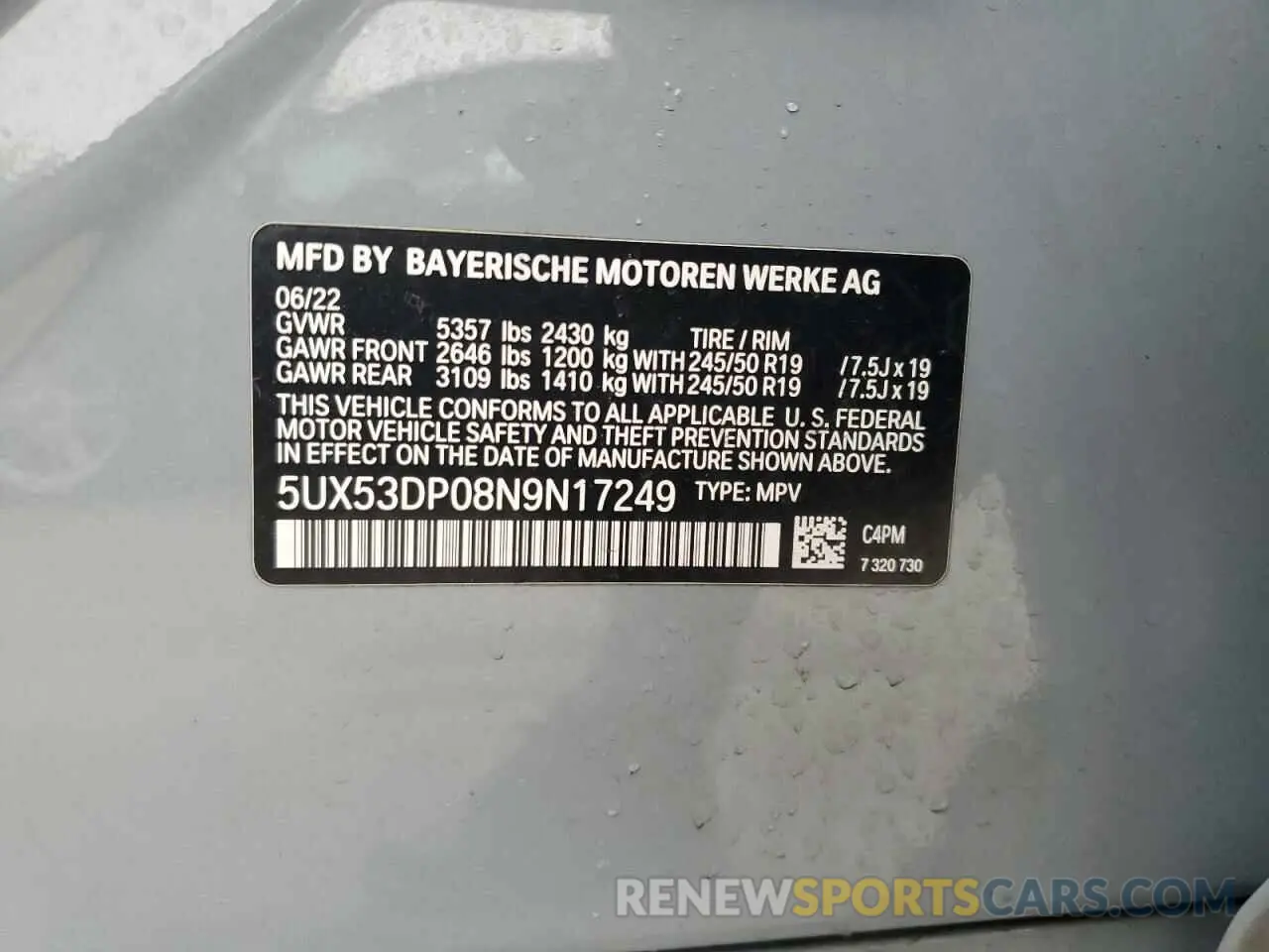 13 fotografías del automóvil dañado 5UX53DP08N9N17249 BMW X3 2022