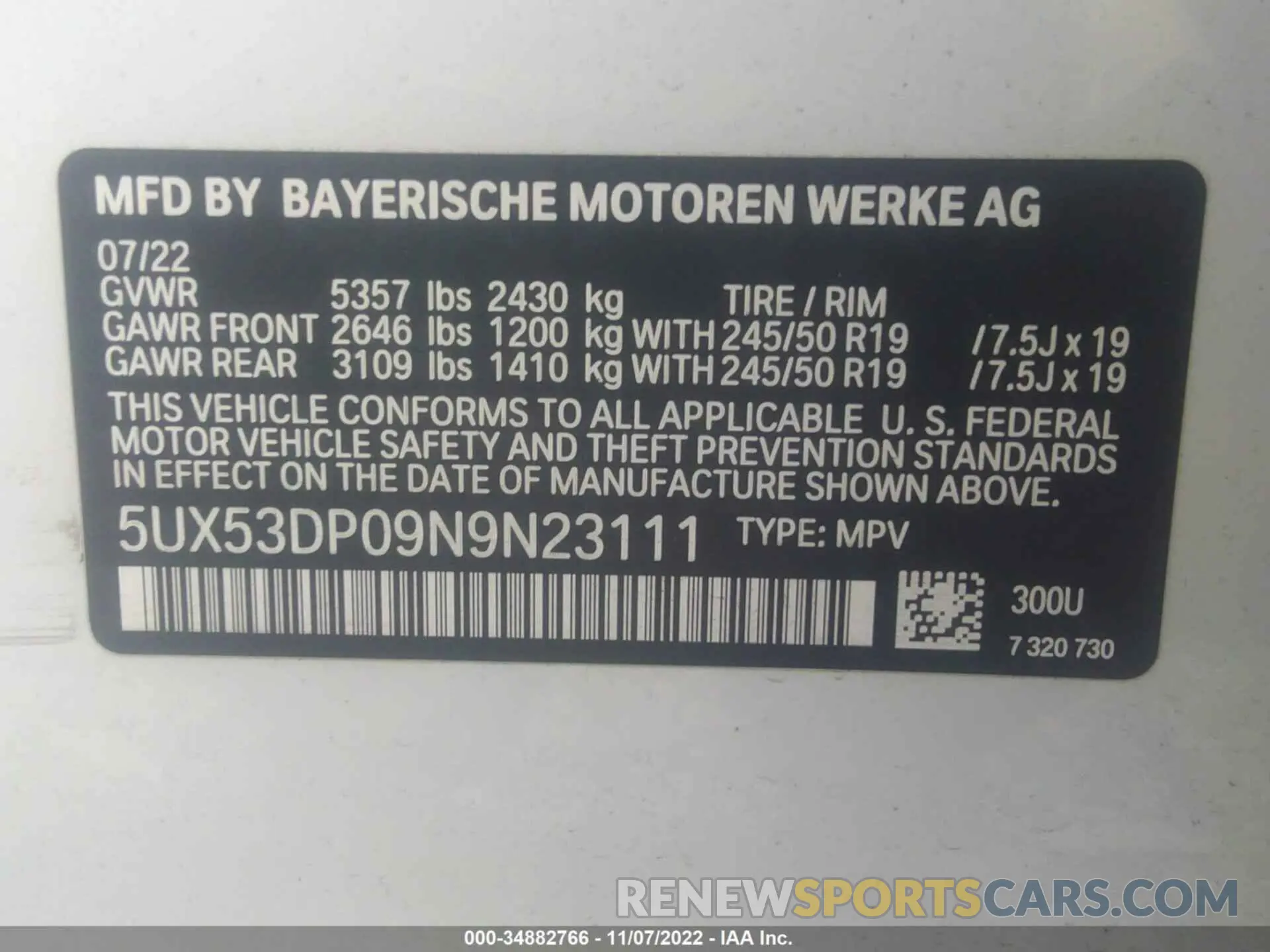 9 fotografías del automóvil dañado 5UX53DP09N9N23111 BMW X3 2022