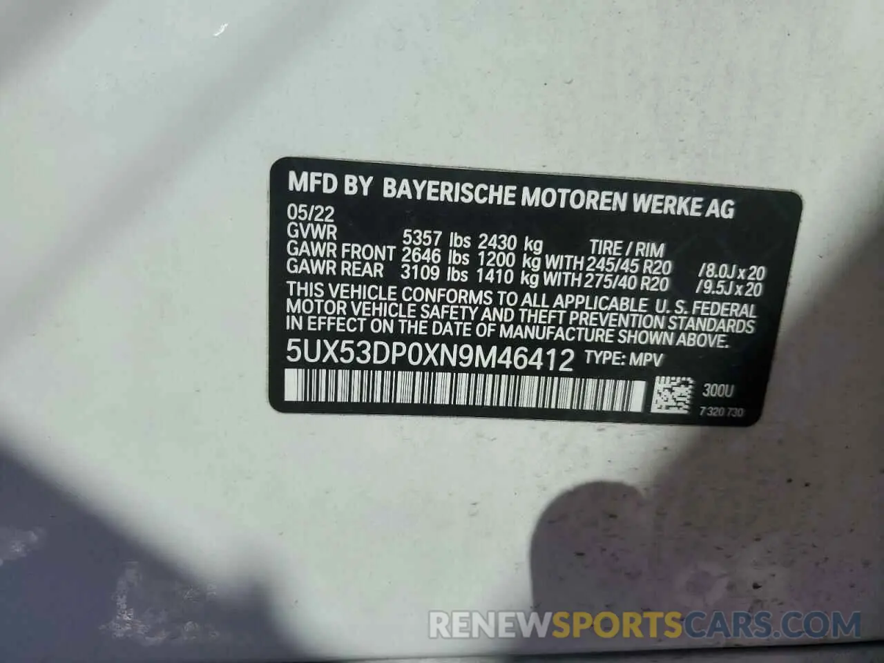 11 fotografías del automóvil dañado 5UX53DP0XN9M46412 BMW X3 2022