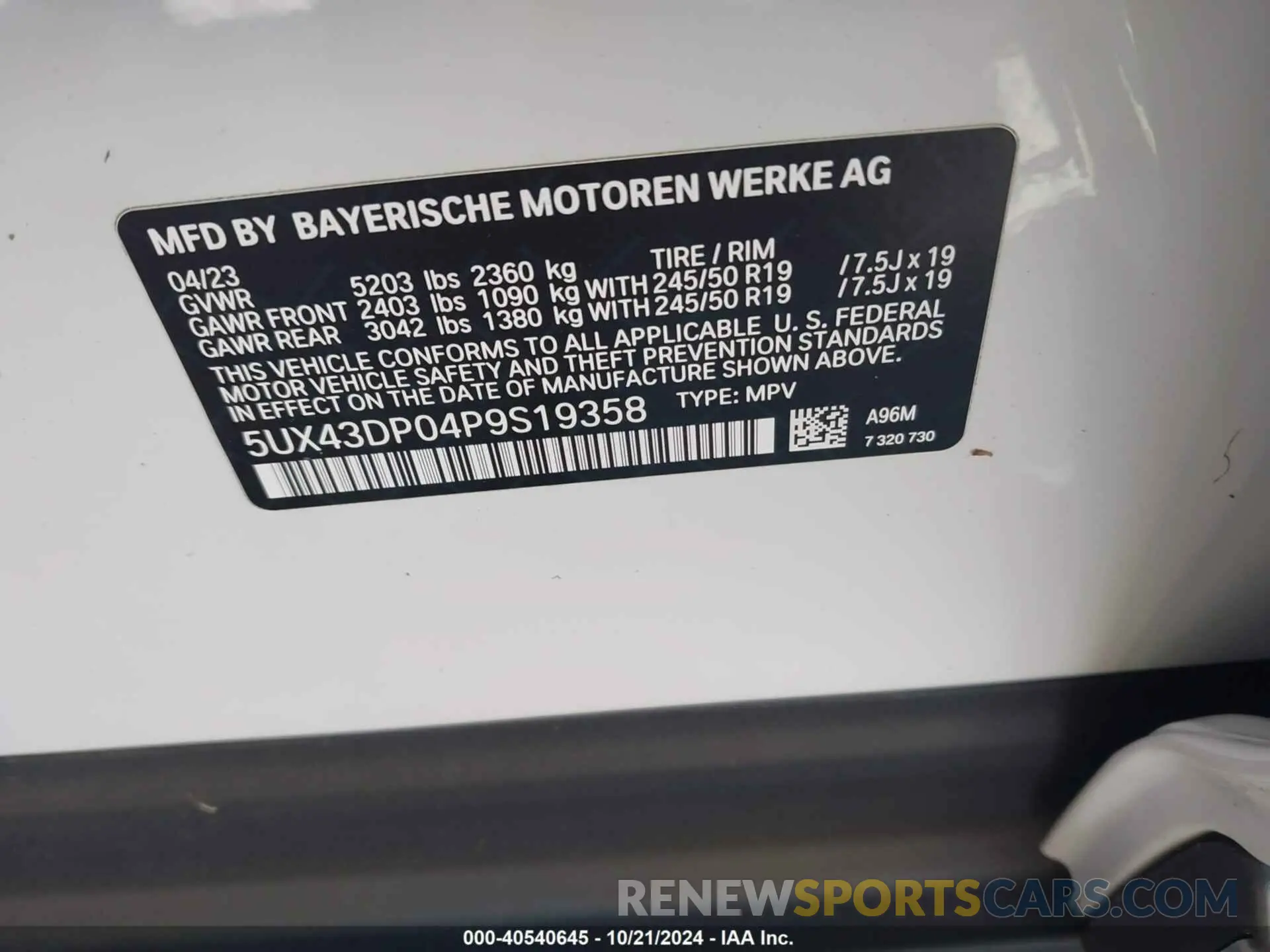 9 fotografías del automóvil dañado 5UX43DP04P9S19358 BMW X3 2023