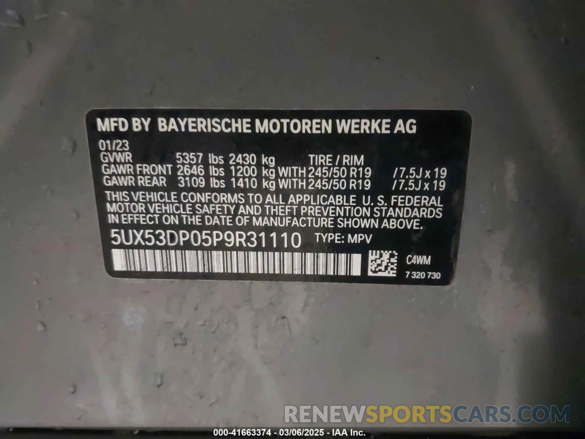 9 fotografías del automóvil dañado 5UX53DP05P9R31110 BMW X3 2023