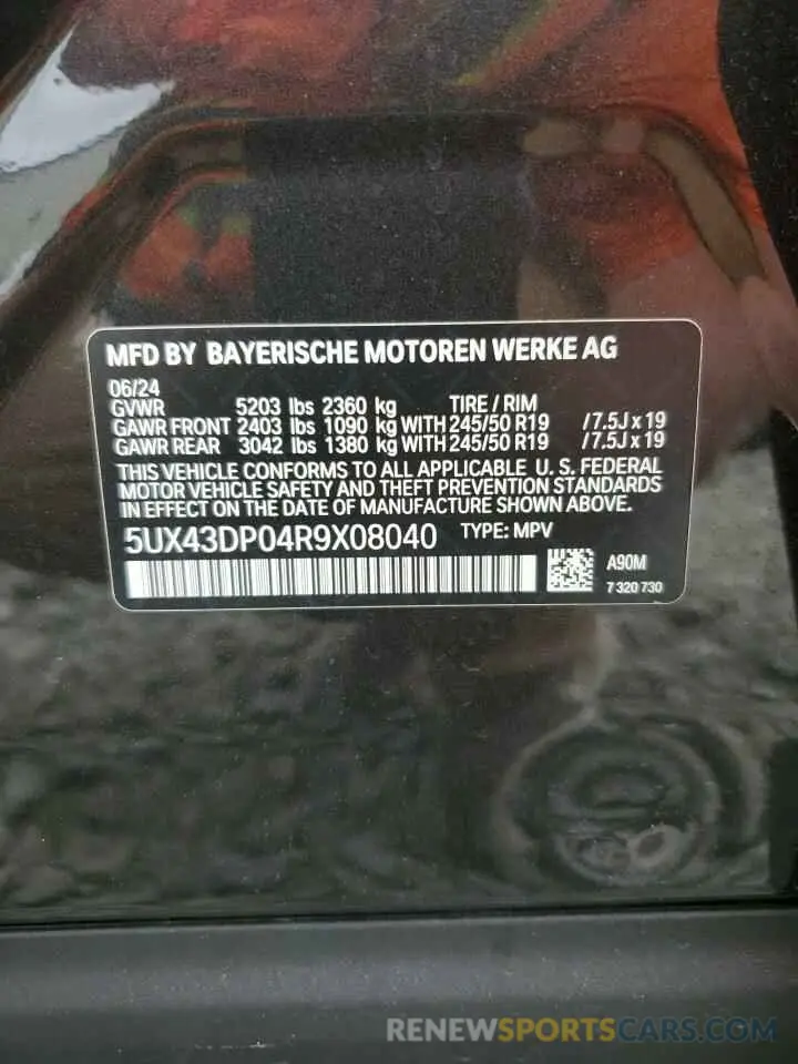 13 fotografías del automóvil dañado 5UX43DP04R9X08040 BMW X3 2024