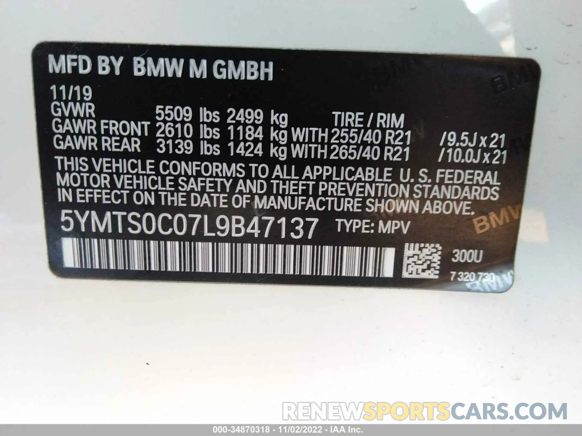 9 fotografías del automóvil dañado 5YMTS0C07L9B47137 BMW X3 M 2020
