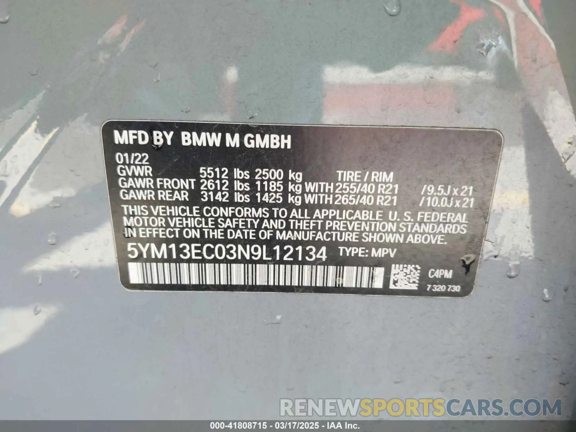 9 fotografías del automóvil dañado 5YM13EC03N9L12134 BMW X3 M 2022