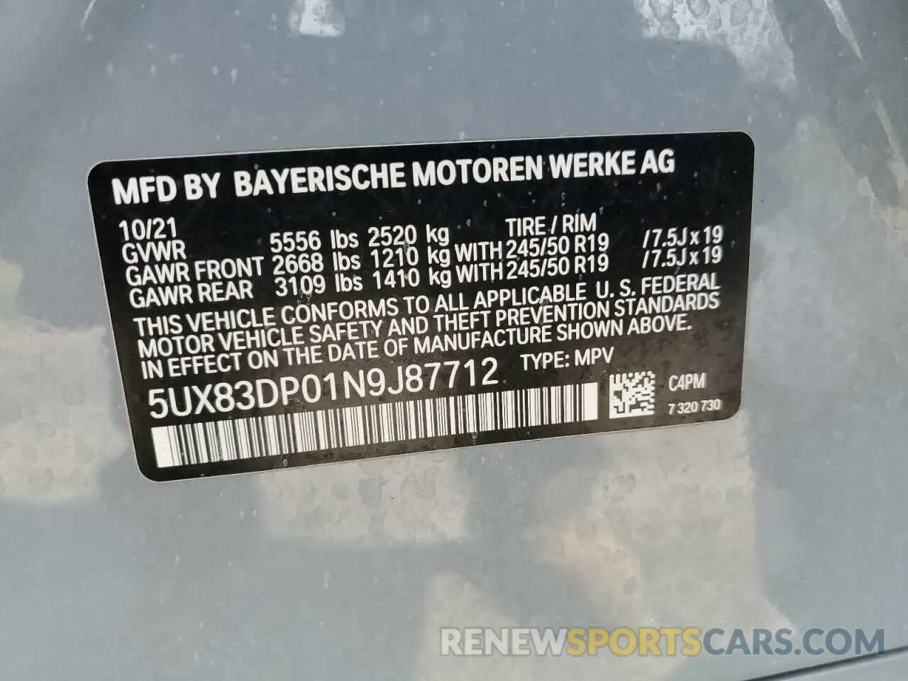 14 fotografías del automóvil dañado 5UX83DP01N9J87712 BMW X3 M40I 2022