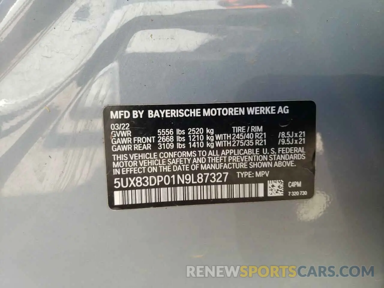 14 fotografías del automóvil dañado 5UX83DP01N9L87327 BMW X3 M40I 2022