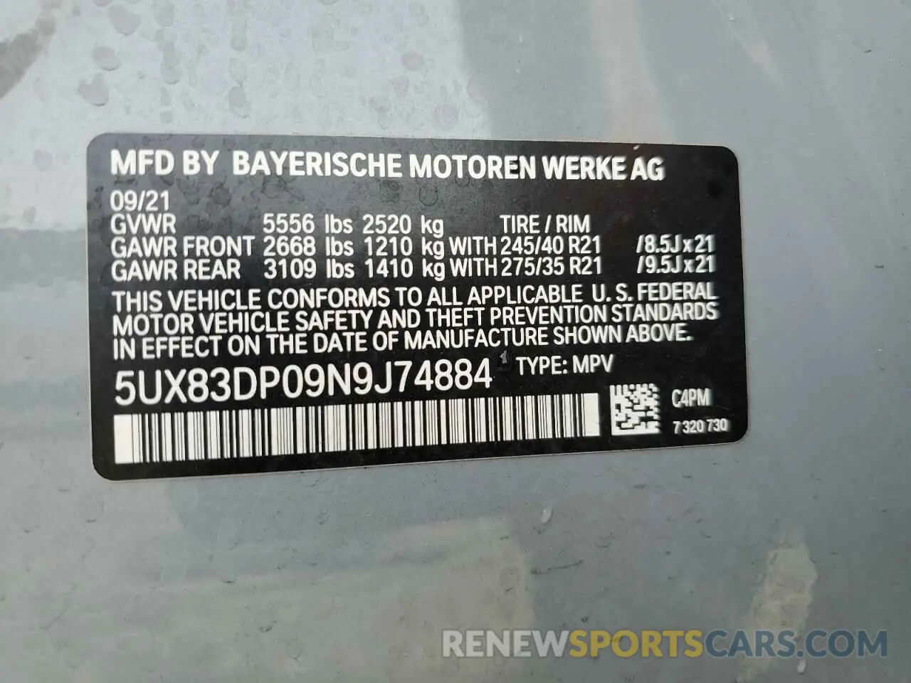 14 fotografías del automóvil dañado 5UX83DP09N9J74884 BMW X3 M40I 2022