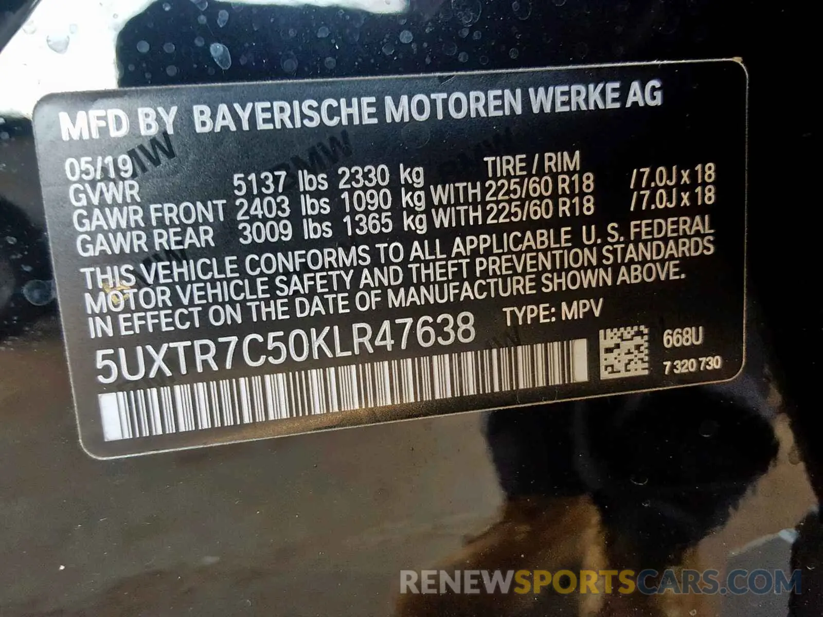 10 fotografías del automóvil dañado 5UXTR7C50KLR47638 BMW X3 SDRIVE3 2019