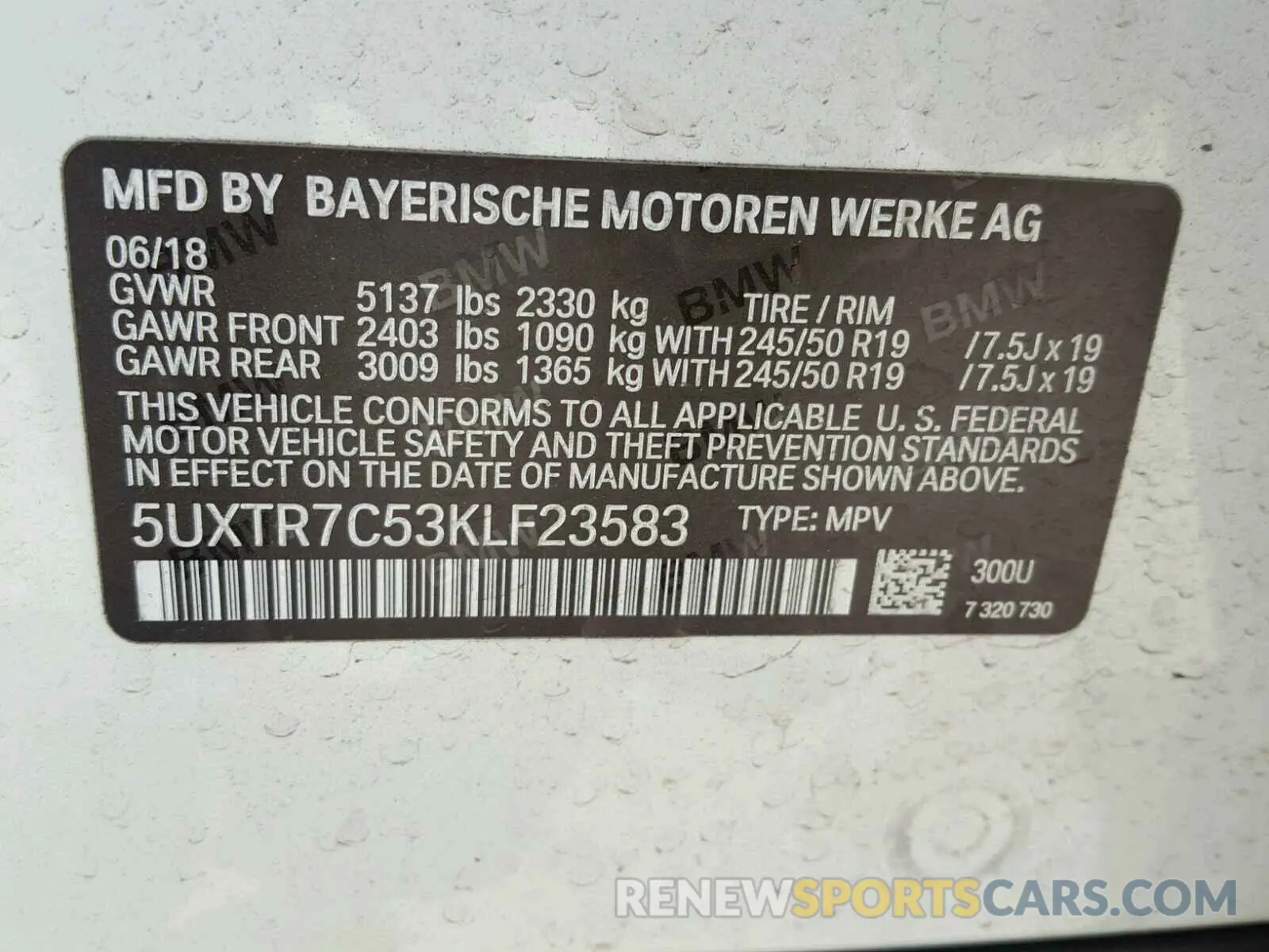 10 fotografías del automóvil dañado 5UXTR7C53KLF23583 BMW X3 SDRIVE3 2019
