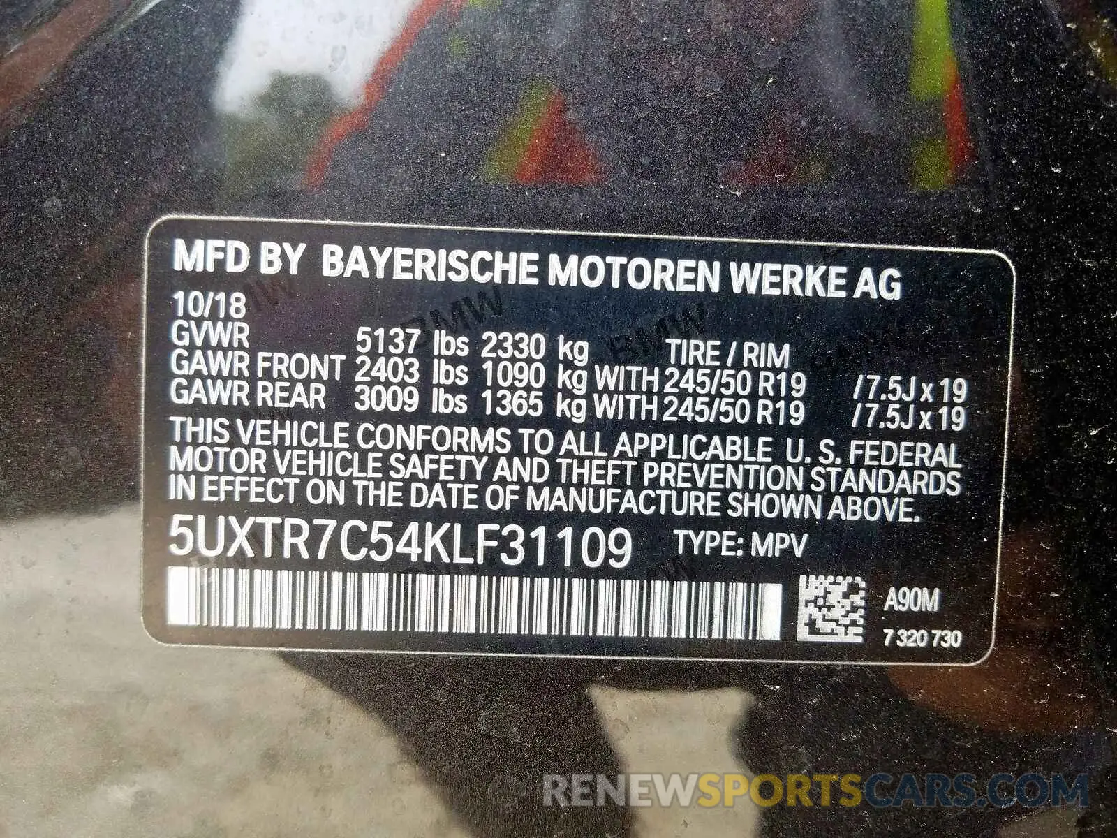 10 fotografías del automóvil dañado 5UXTR7C54KLF31109 BMW X3 SDRIVE3 2019