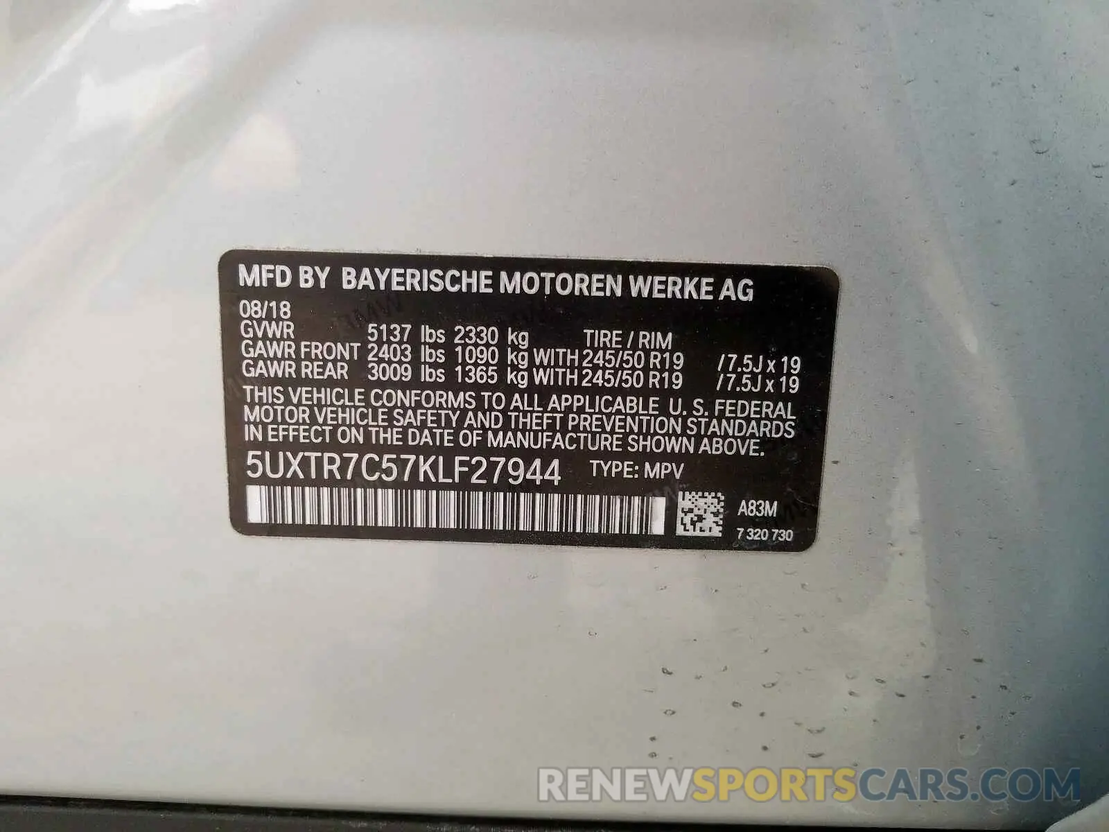 10 fotografías del automóvil dañado 5UXTR7C57KLF27944 BMW X3 SDRIVE3 2019