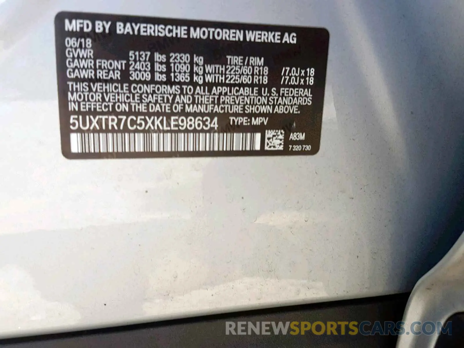 10 fotografías del automóvil dañado 5UXTR7C5XKLE98634 BMW X3 SDRIVE3 2019