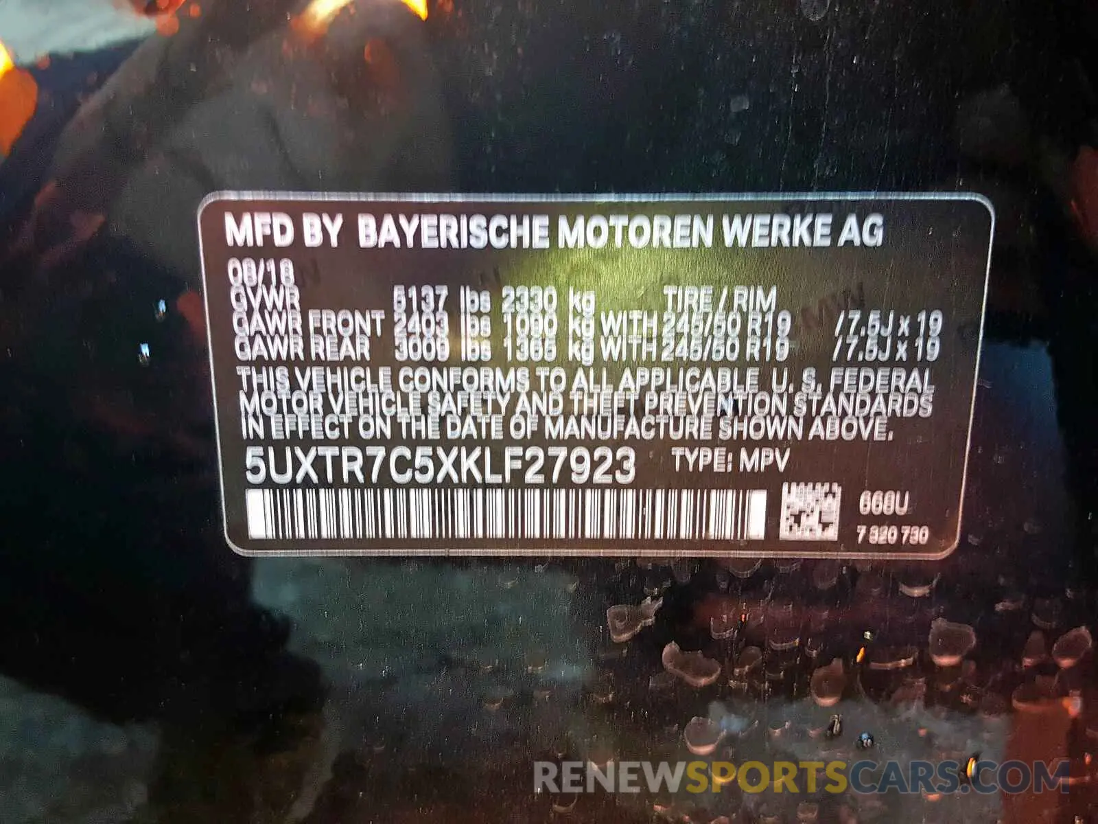 10 fotografías del automóvil dañado 5UXTR7C5XKLF27923 BMW X3 SDRIVE3 2019