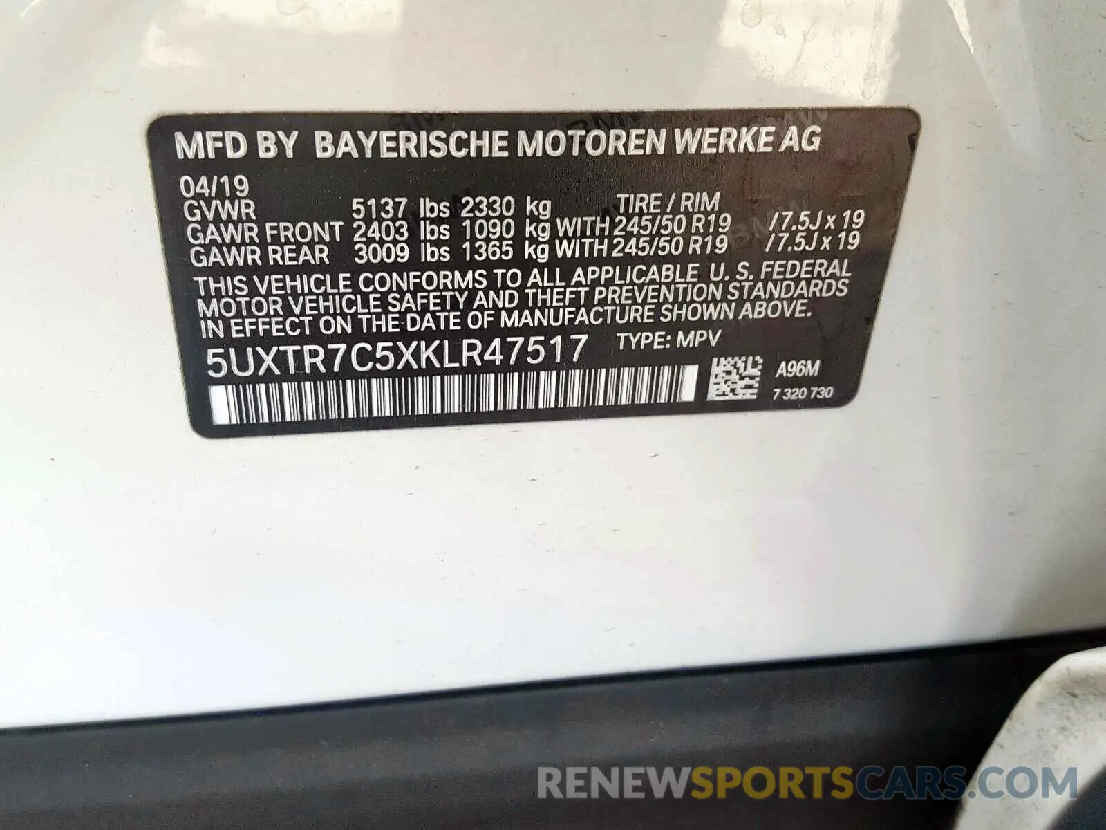 10 fotografías del automóvil dañado 5UXTR7C5XKLR47517 BMW X3 SDRIVE3 2019