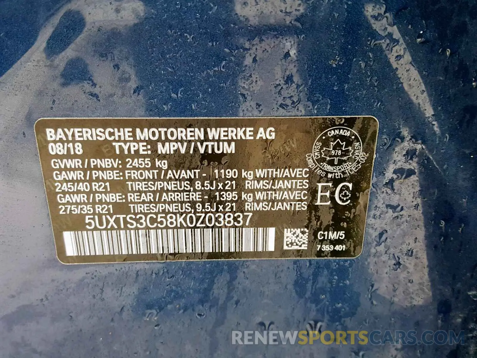 10 fotografías del automóvil dañado 5UXTS3C58K0Z03837 BMW X3 XDRIVEM 2019