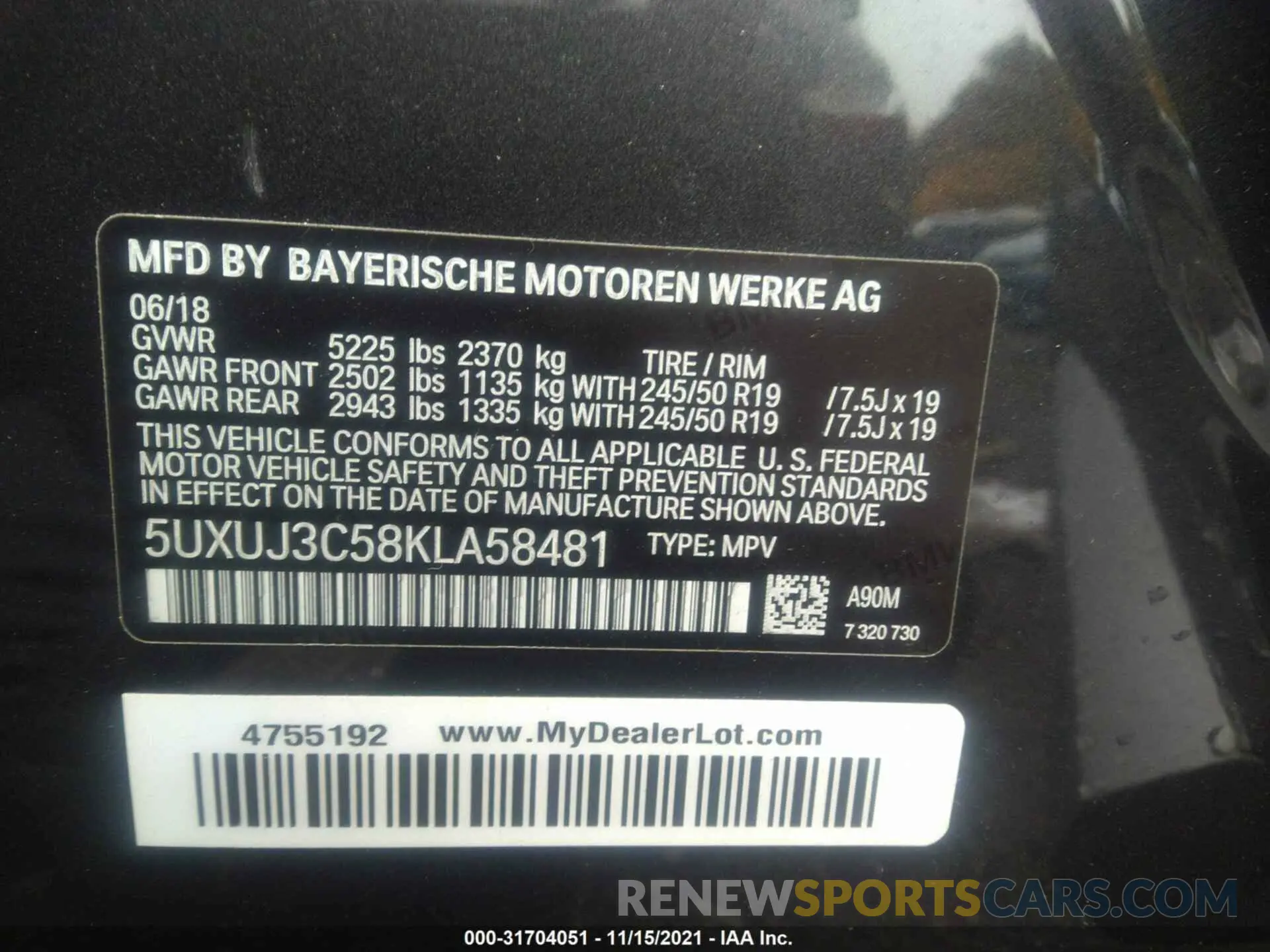 9 fotografías del automóvil dañado 5UXUJ3C58KLA58481 BMW X4 2019
