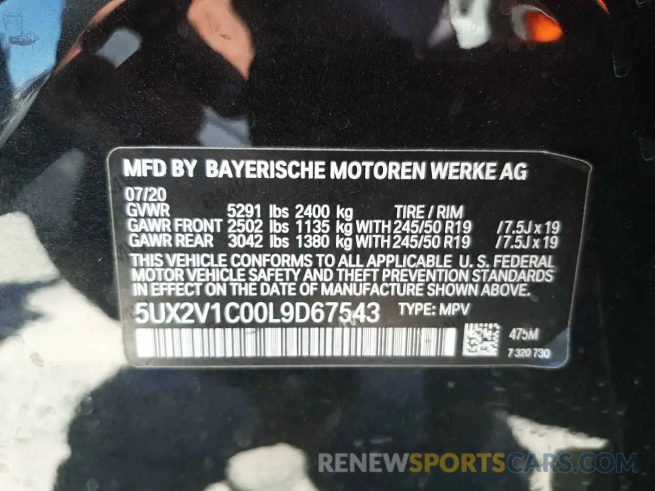 10 fotografías del automóvil dañado 5UX2V1C00L9D67543 BMW X4 2020
