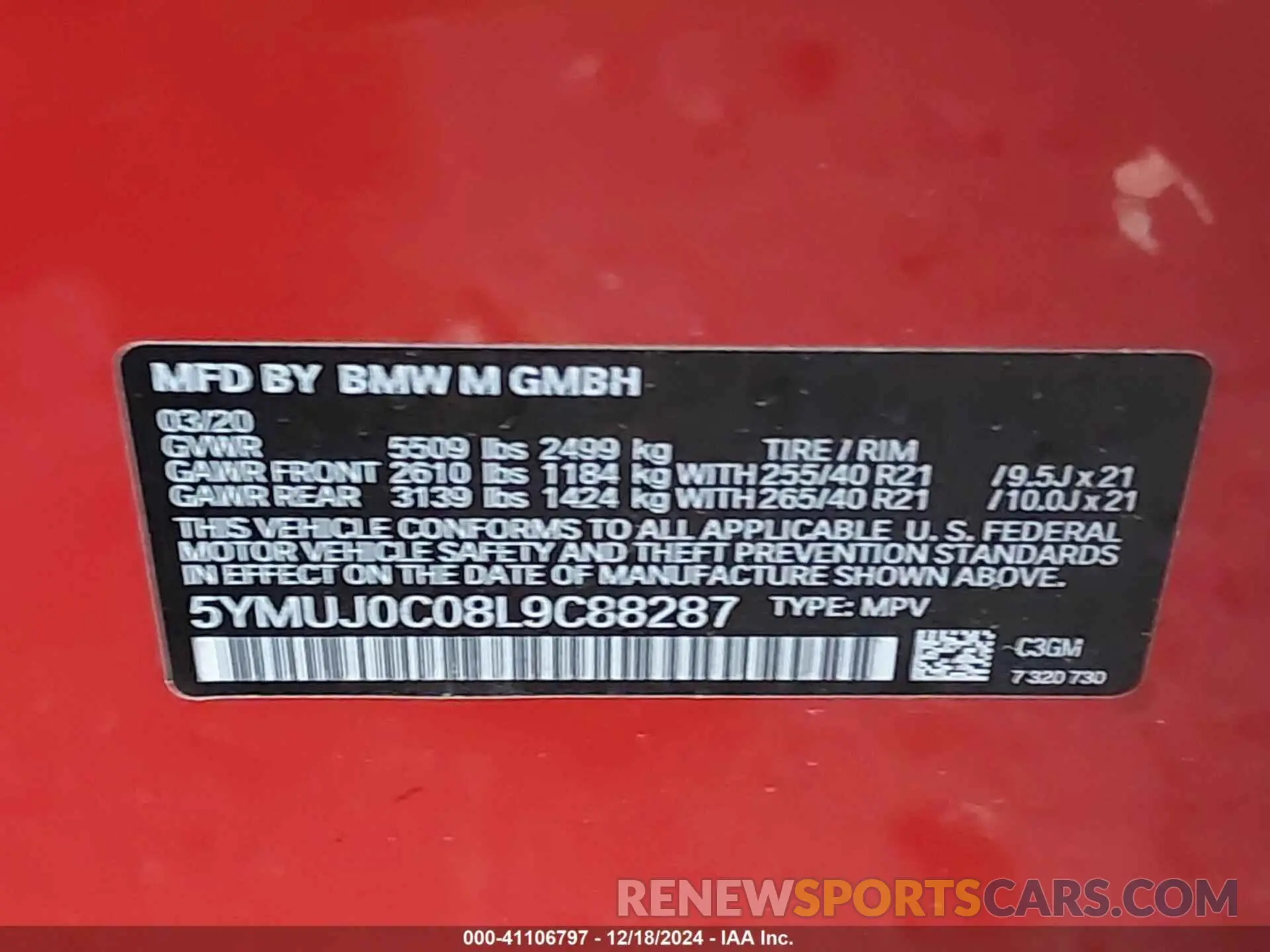 9 fotografías del automóvil dañado 5YMUJ0C08L9C88287 BMW X4 M 2020