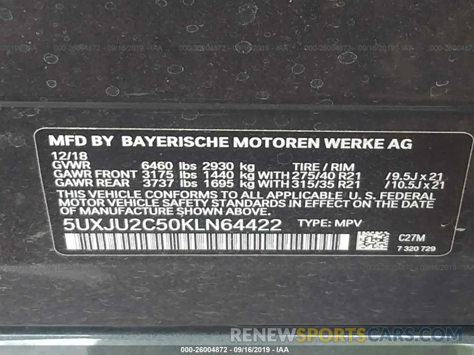 9 fotografías del automóvil dañado 5UXJU2C50KLN64422 BMW X5 2019
