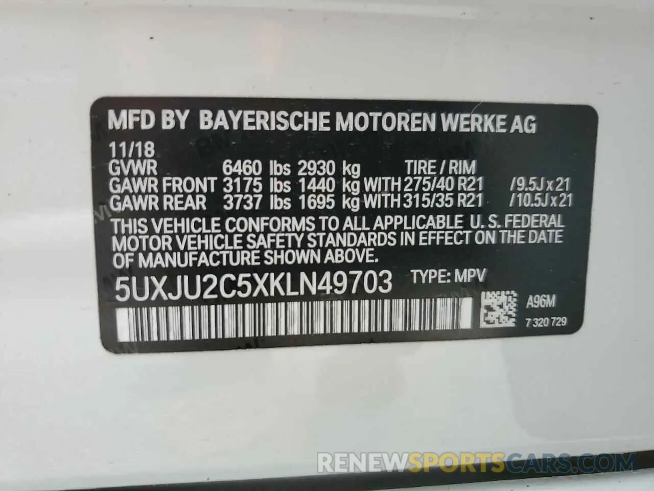 10 fotografías del automóvil dañado 5UXJU2C5XKLN49703 BMW X5 2019
