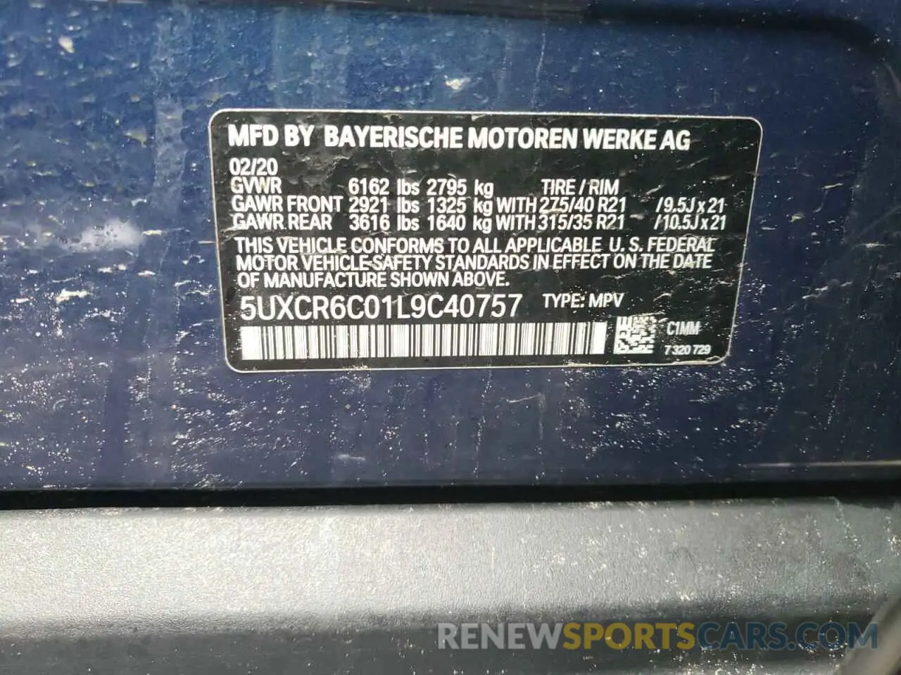 10 fotografías del automóvil dañado 5UXCR6C01L9C40757 BMW X5 2020