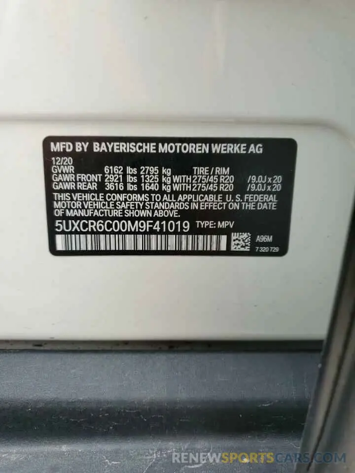 10 fotografías del automóvil dañado 5UXCR6C00M9F41019 BMW X5 2021