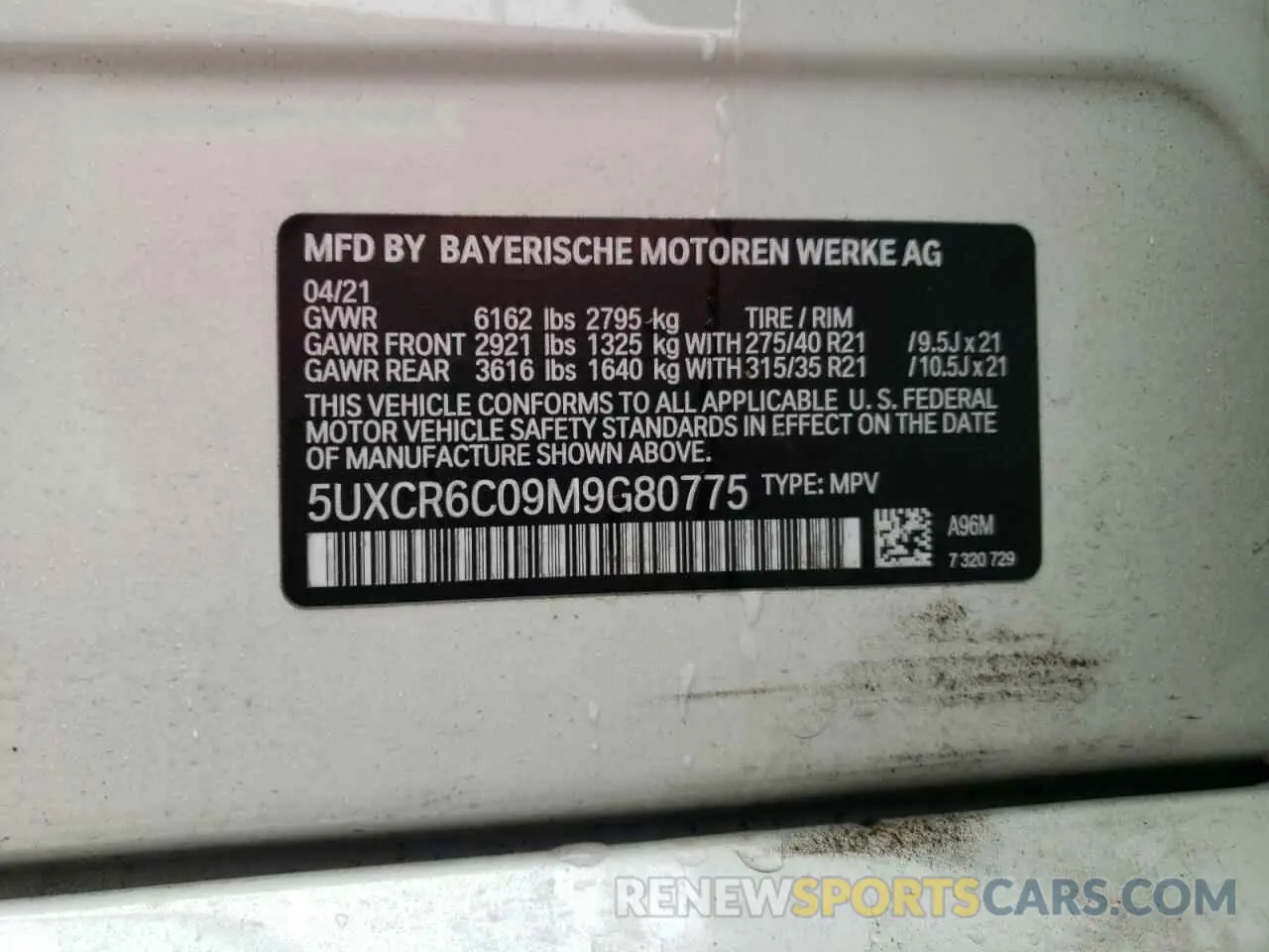 10 fotografías del automóvil dañado 5UXCR6C09M9G80775 BMW X5 2021