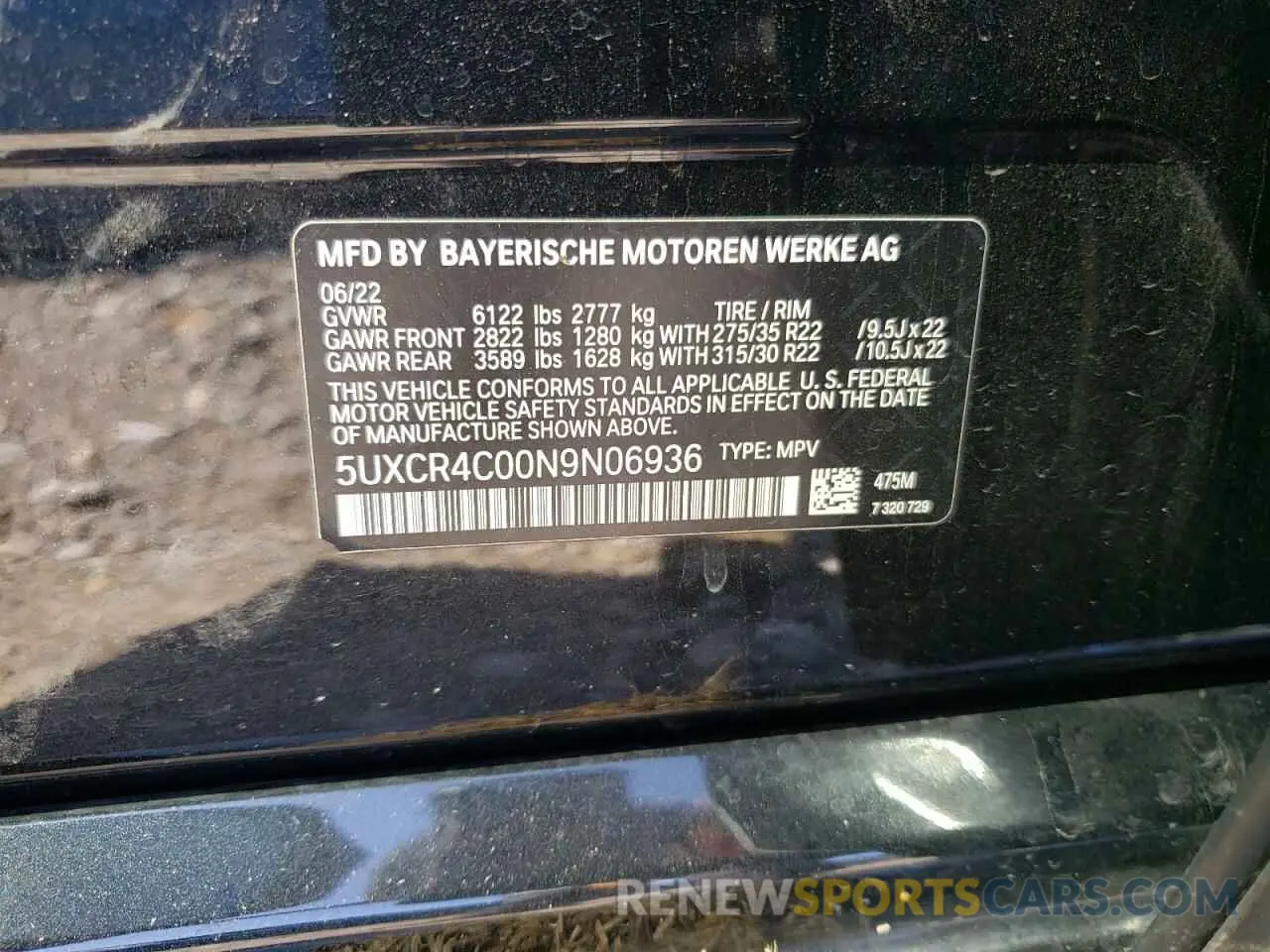 10 fotografías del automóvil dañado 5UXCR4C00N9N06936 BMW X5 2022