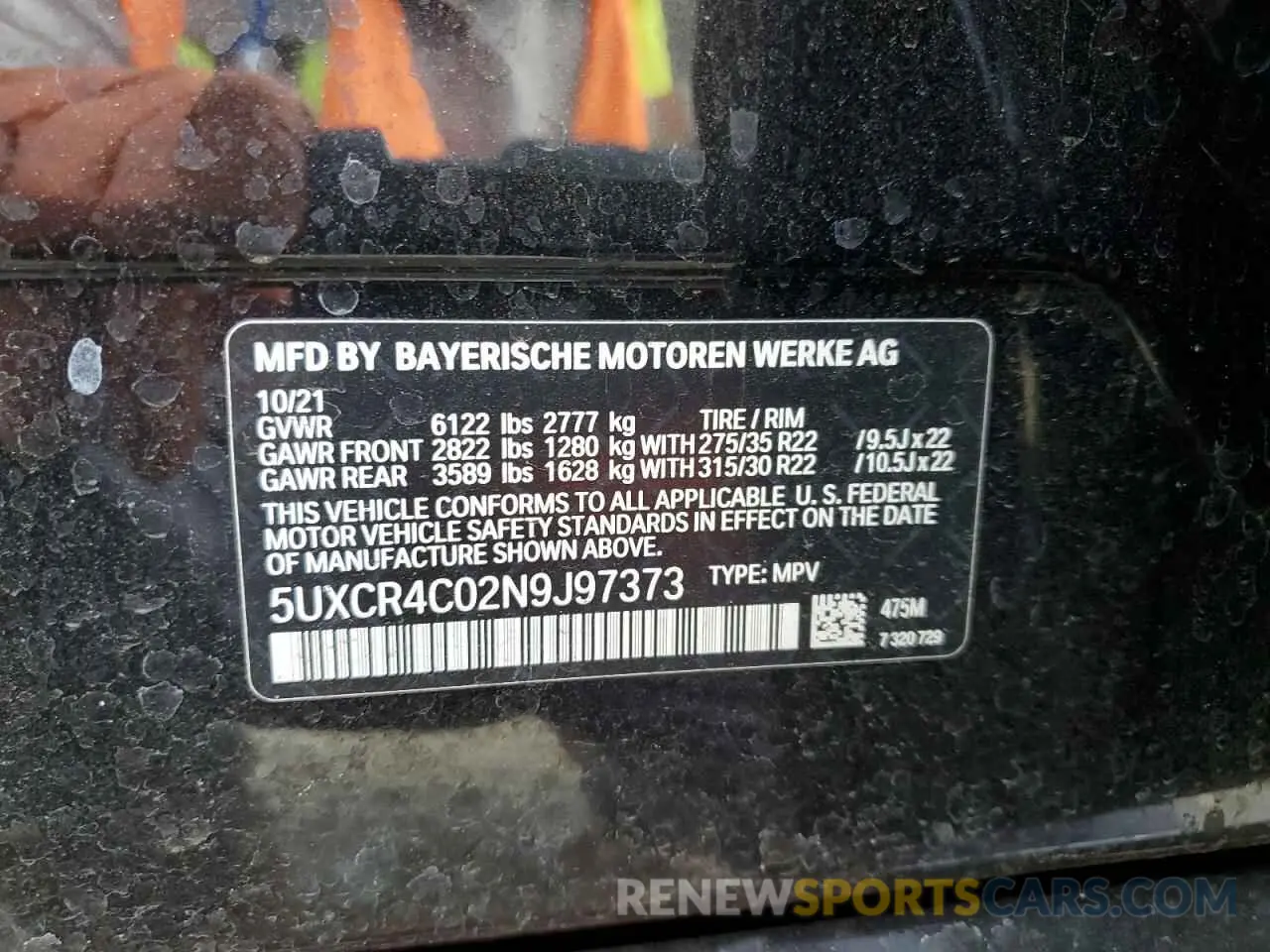 10 fotografías del automóvil dañado 5UXCR4C02N9J97373 BMW X5 2022