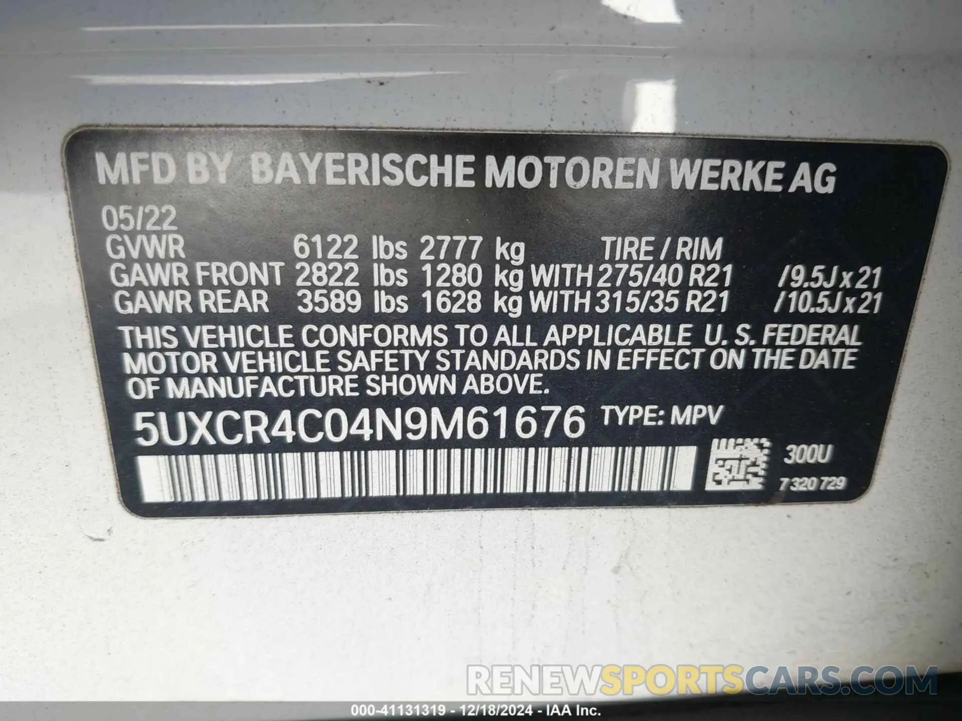 9 fotografías del automóvil dañado 5UXCR4C04N9M61676 BMW X5 2022