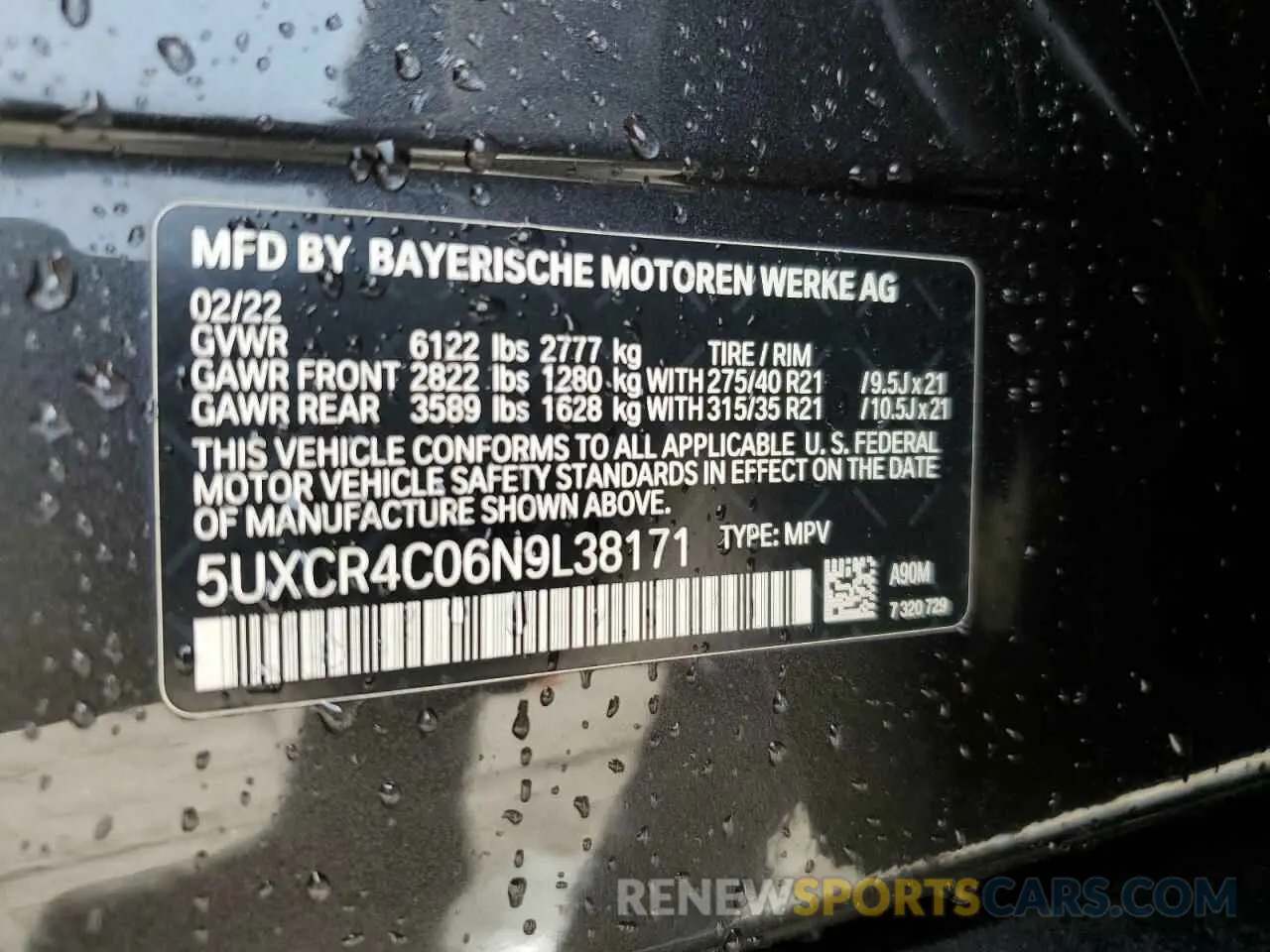 10 fotografías del automóvil dañado 5UXCR4C06N9L38171 BMW X5 2022