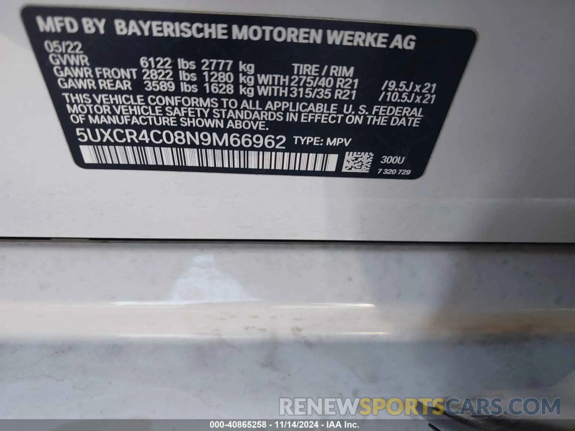 9 fotografías del automóvil dañado 5UXCR4C08N9M66962 BMW X5 2022