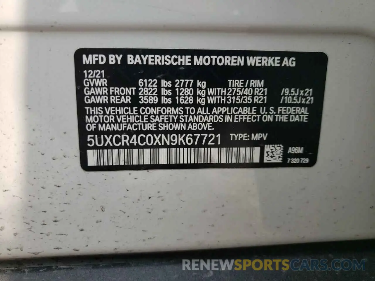 10 fotografías del automóvil dañado 5UXCR4C0XN9K67721 BMW X5 2022