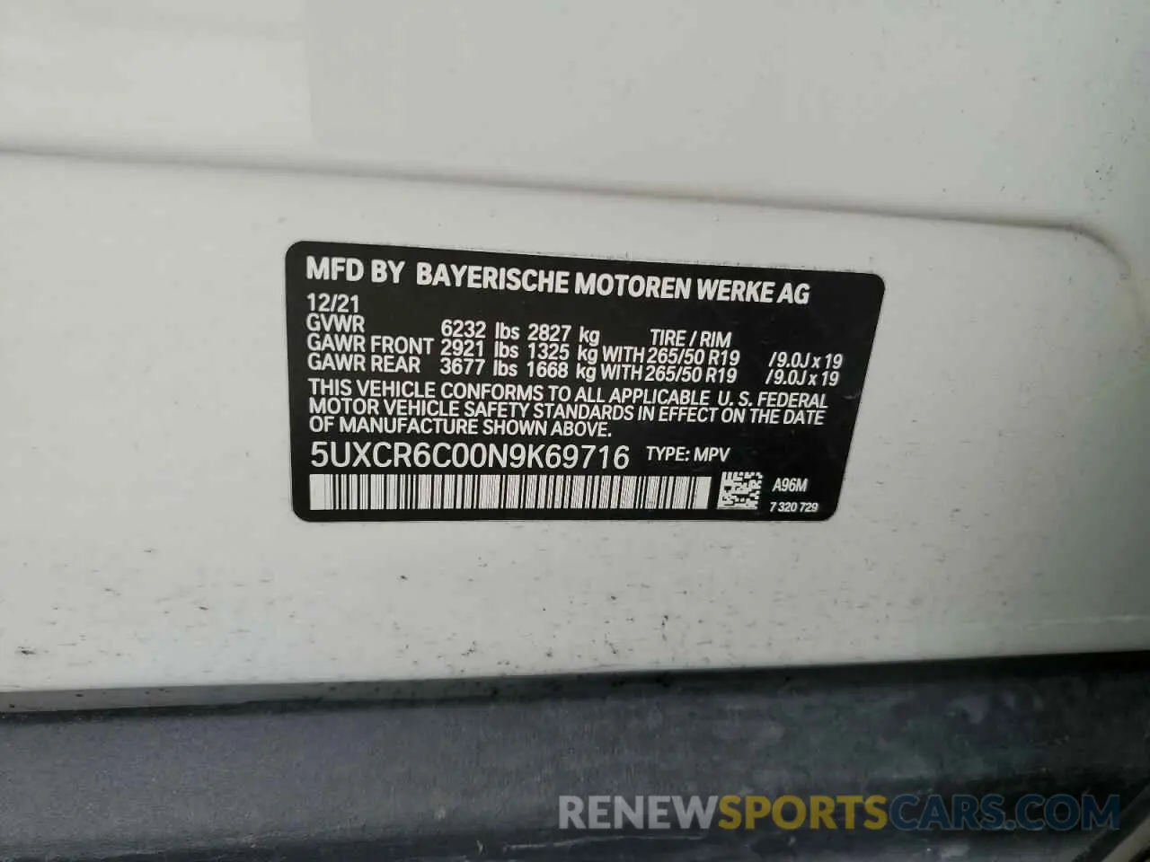 10 fotografías del automóvil dañado 5UXCR6C00N9K69716 BMW X5 2022