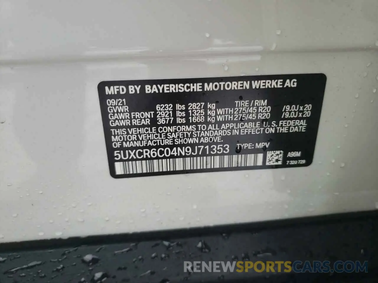 10 fotografías del automóvil dañado 5UXCR6C04N9J71353 BMW X5 2022