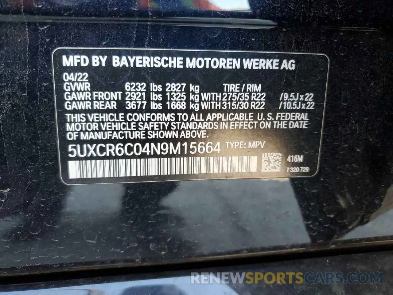 15 fotografías del automóvil dañado 5UXCR6C04N9M15664 BMW X5 2022