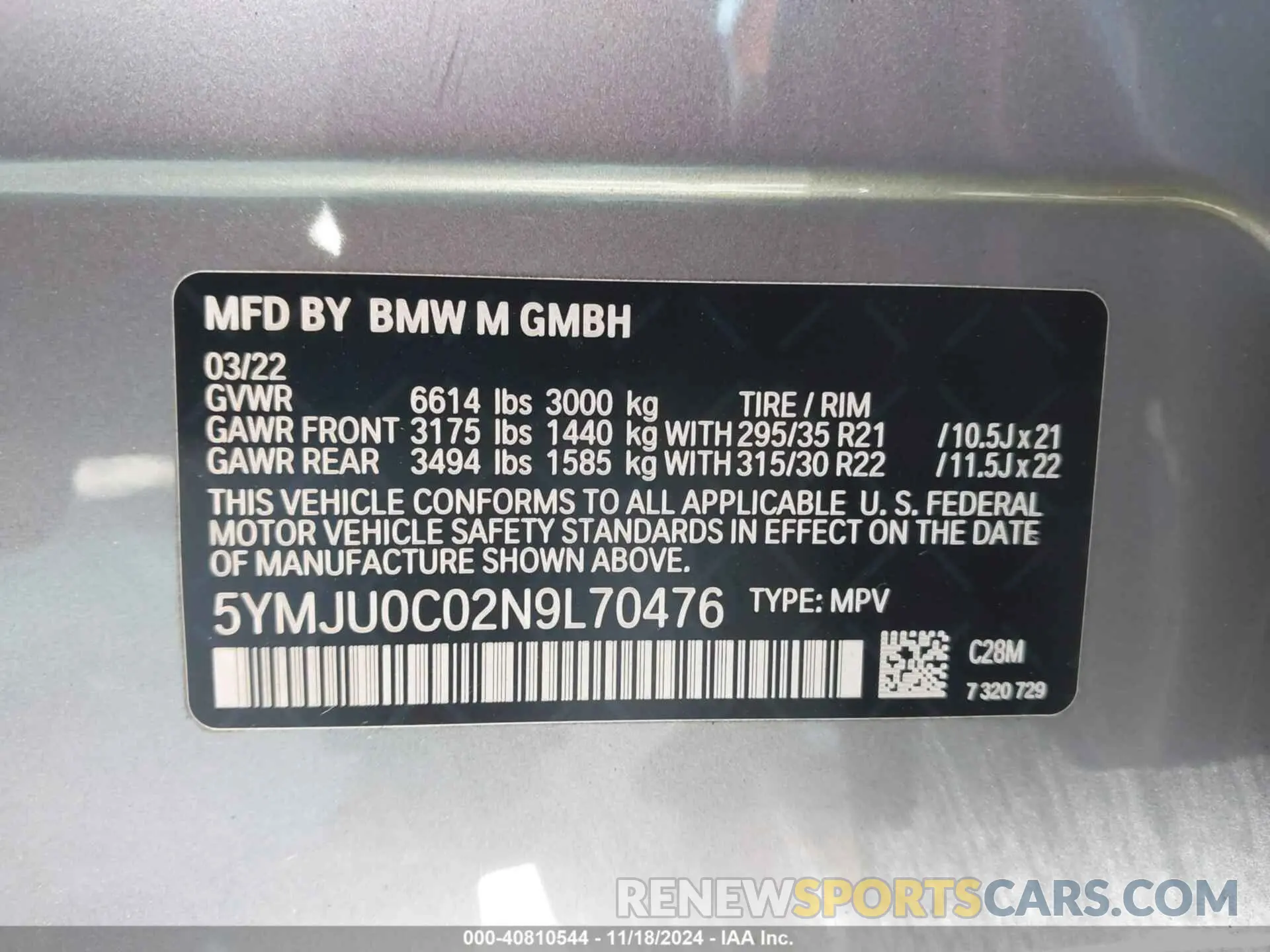 9 fotografías del automóvil dañado 5YMJU0C02N9L70476 BMW X5 M 2022