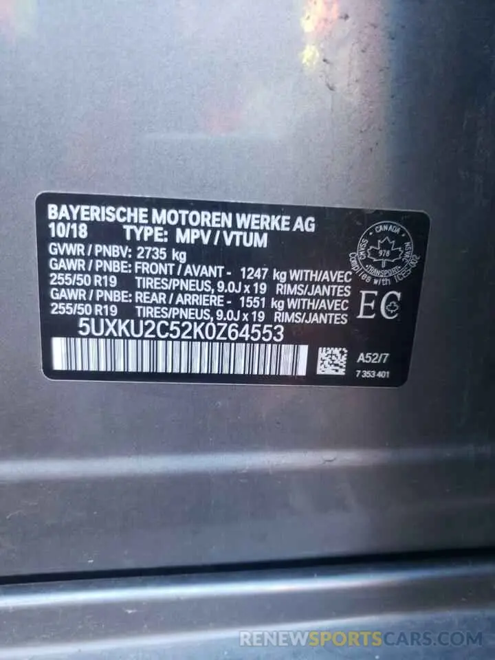 10 fotografías del automóvil dañado 5UXKU2C52K0Z64553 BMW X6 2019
