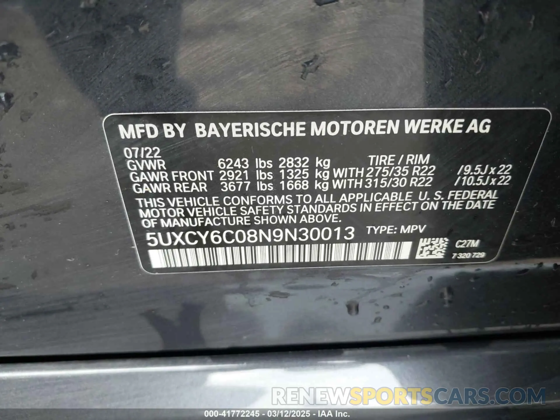 9 fotografías del automóvil dañado 5UXCY6C08N9N30013 BMW X6 2022